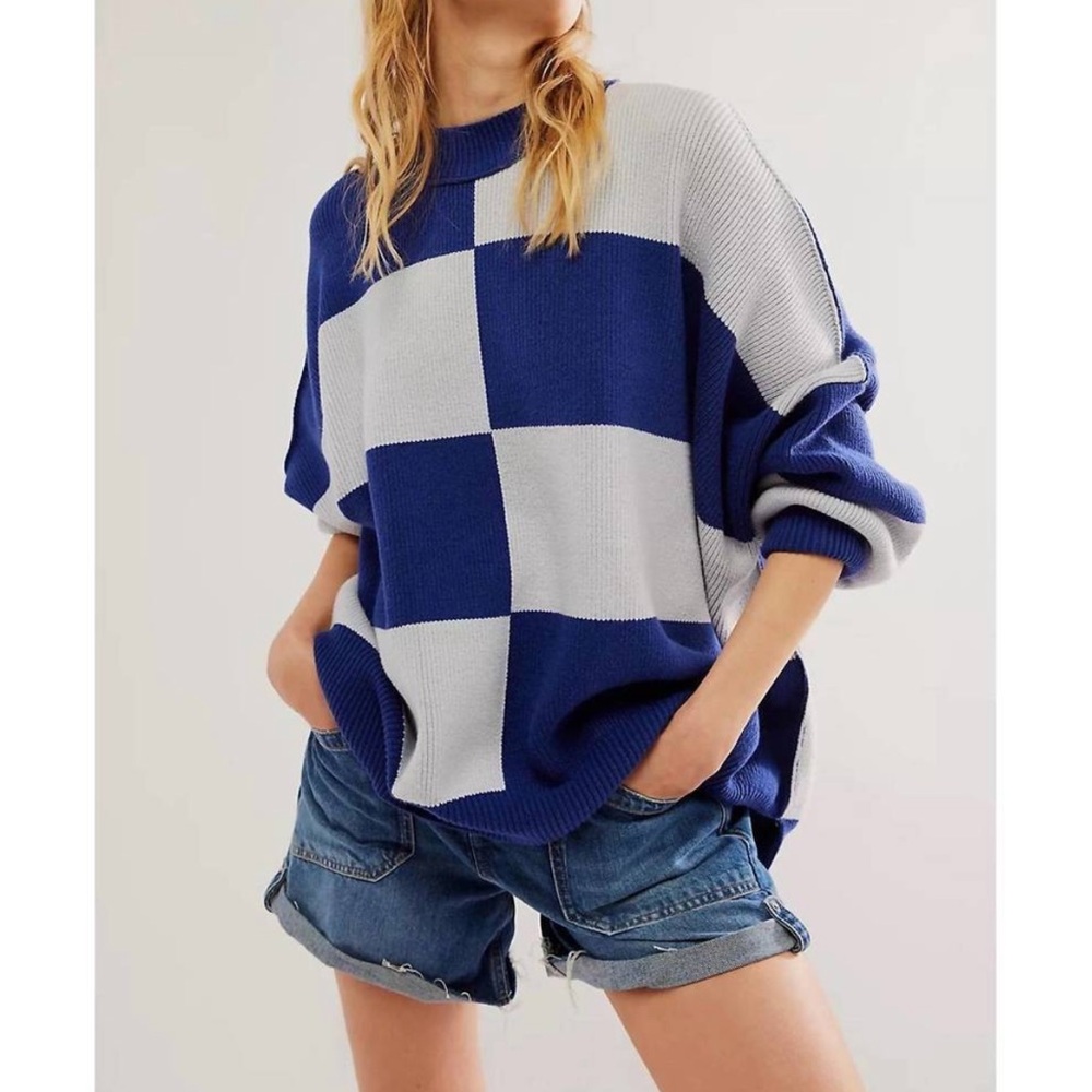 Free People Easy Street Checkered Tunic Sweater Oversized Slouchy Dolman Sleeve